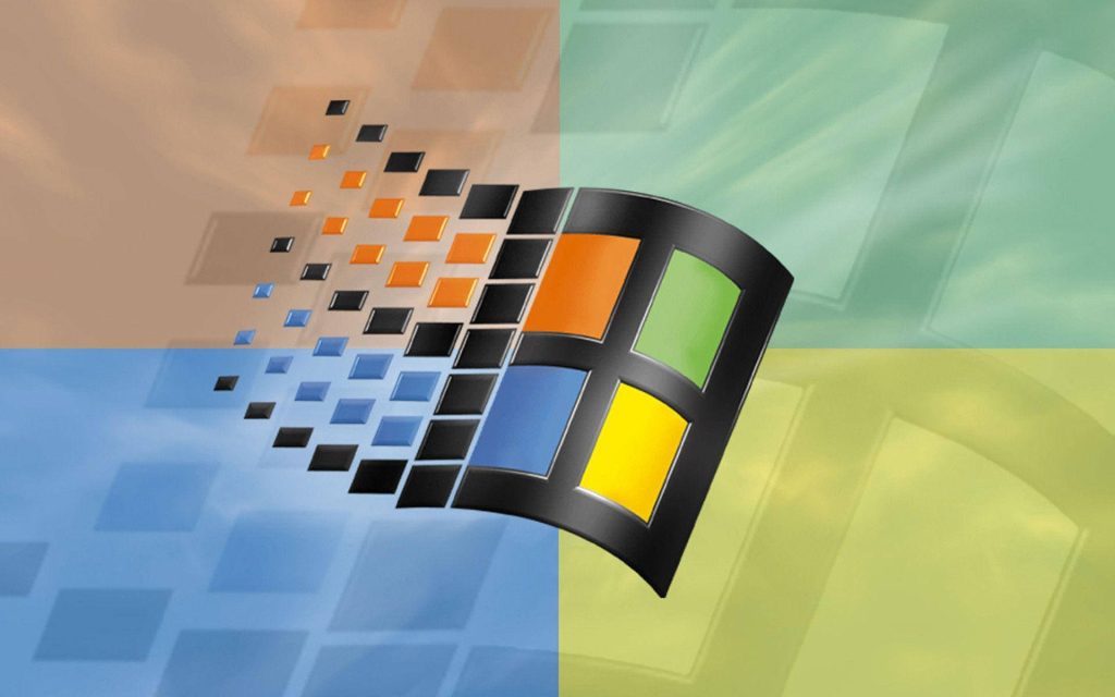 Windows 98 wallpaper with iconic waving Microsoft logo and vibrant retro four-quadrant background