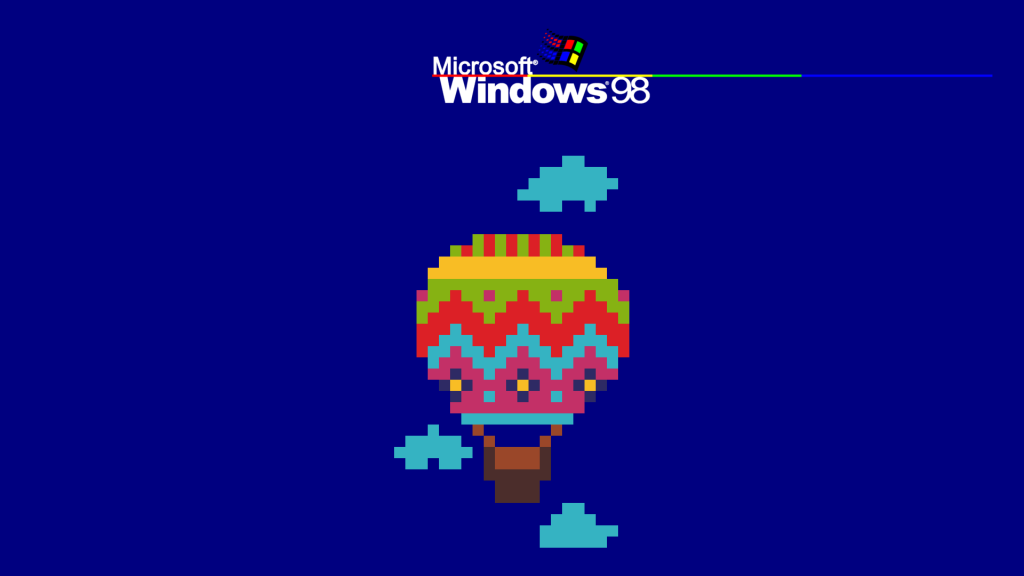 Pixel-art hot air balloon on blue Windows 98 wallpaper vintage 90s computing nostalgia background