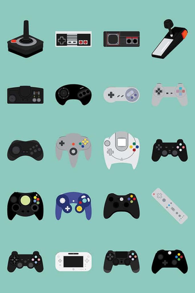 Minimalist grid of retro and modern video game controllers on teal background for gaming wallpaper