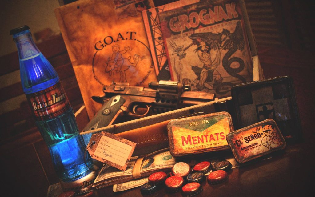 Retro Fallout still life with glowing Nuka-Cola Quantum pistol Mentats caps and Grognak comic Wallpaper