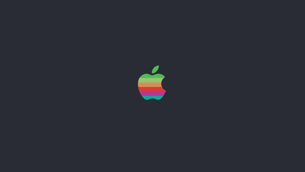 Minimalist dark gray wallpaper with vintage rainbow Apple logo centered for retro tech fans