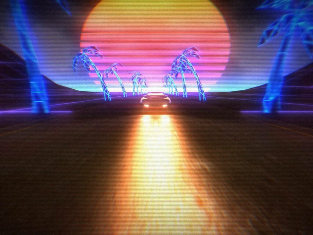 Retrowave Bliss: A Majestic Drive into Tropical Sunset Serenity Wallpaper