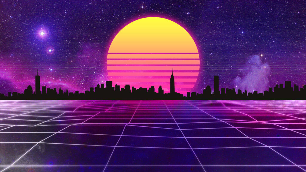 Glittering Skyline: Neon Stardust against Retrowave Sunset Wallpaper