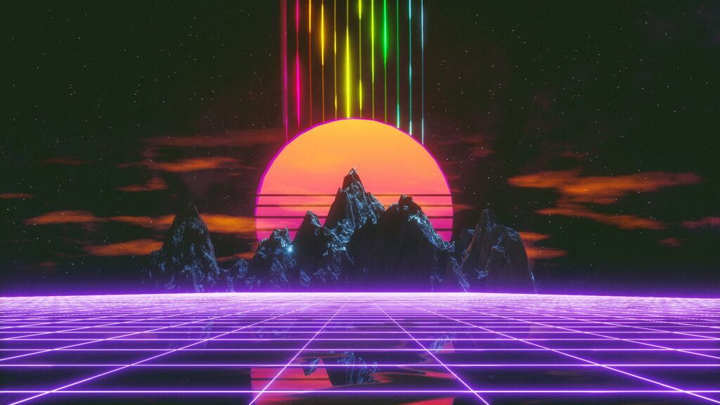 Vibrant synthwave landscape with neon grid mountains and striped orange sun at night sky background Wallpaper