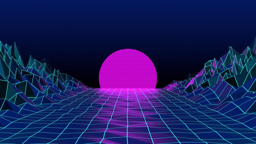 4K retrowave wallpaper glowing magenta sun over dark blue low-poly wireframe terrain neon aesthetic
