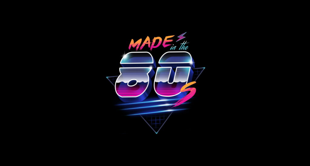 Retro-futuristic 80s Synthwave Wallpaper: Neon MADE in the 80s Inscription & Shutter Shades
