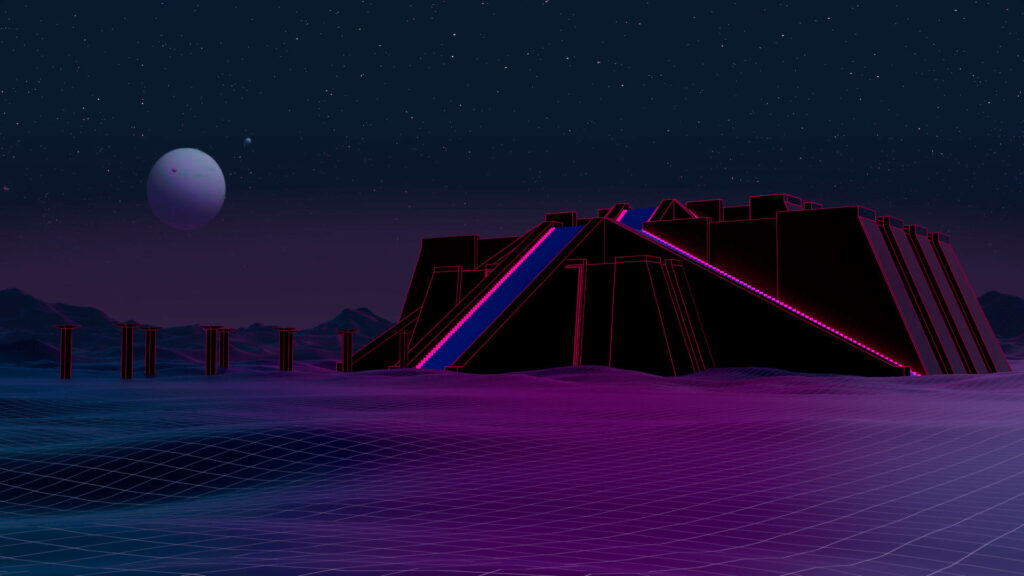 Majestic Retrowave Ziggurat: Immersive 80's Nostalgia at Its Finest Wallpaper