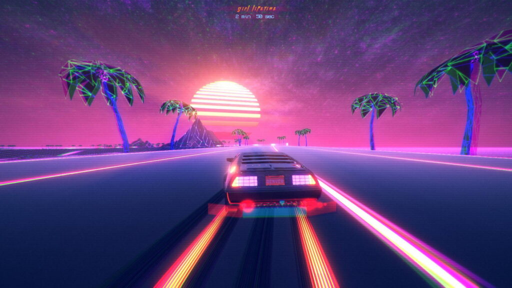 Retro synthwave wallpaper DeLorean DMC-12 on grid road with Denver plate sunset palm trees