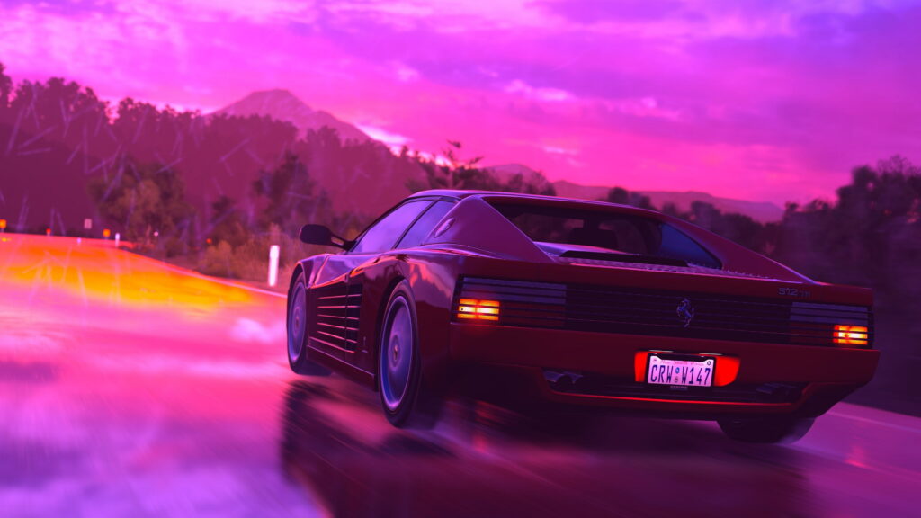 Red Ferrari 512 TR speeding on scenic road at vibrant pink purple sunset Forza Horizon wallpaper