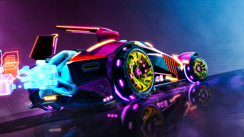 Neon Speedster: A Rocket League Wallpaper in HD with a Multicolored Car and Reflective Background