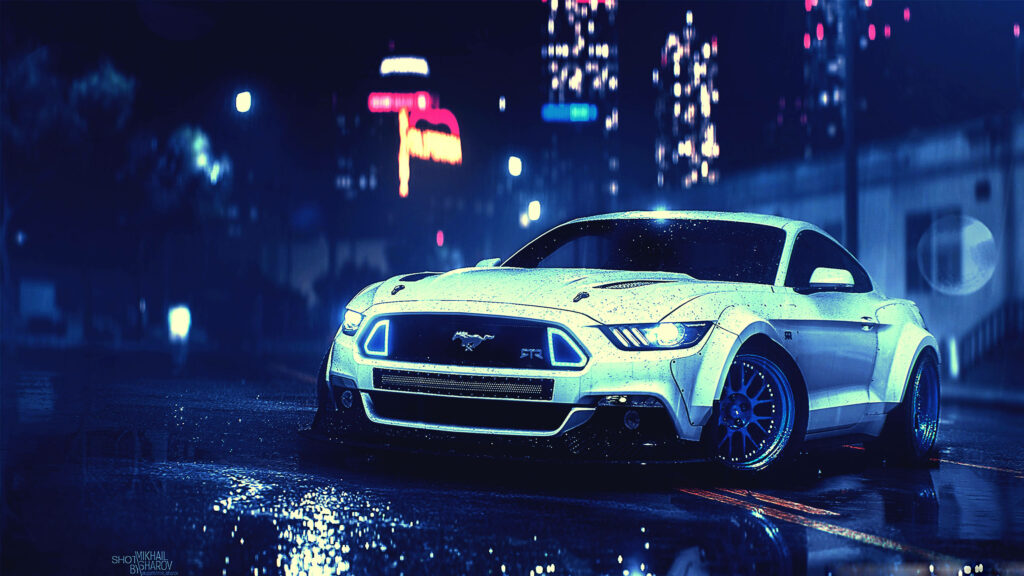 Custom Ford Mustang GT under neon lights on rain-soaked streets in cinematic street racing scene Wallpaper