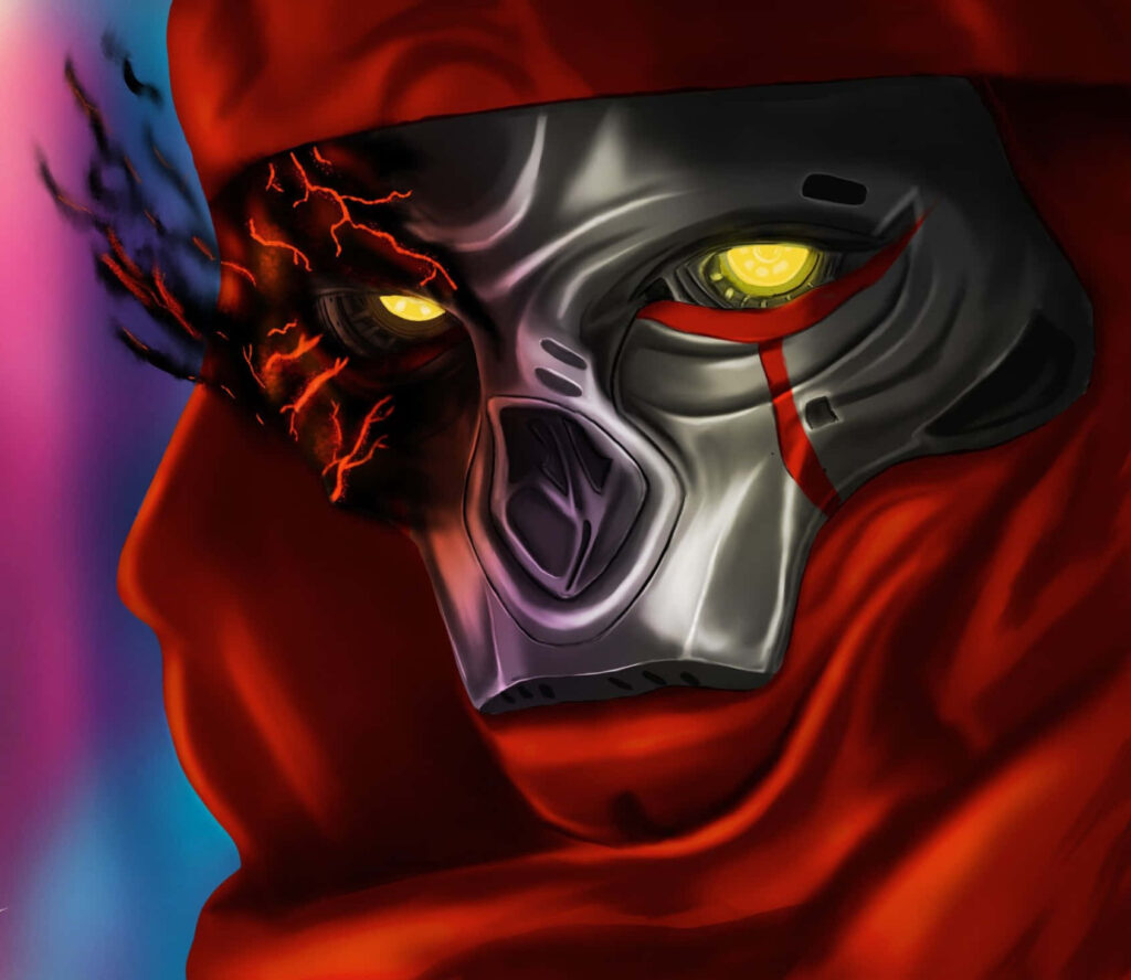 Revenant Apex Legends wallpaper close-up intense yellow eyes metallic mask red hood dark menacing