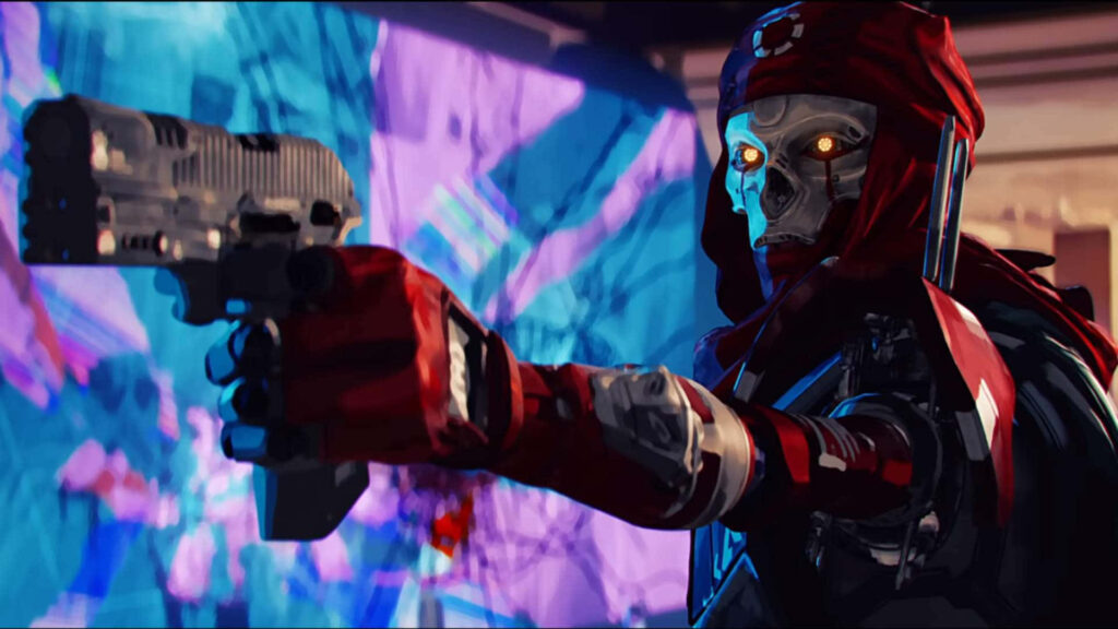 Revenant from Apex Legends aiming gun with glowing eyes on vibrant colorful intense wallpaper background