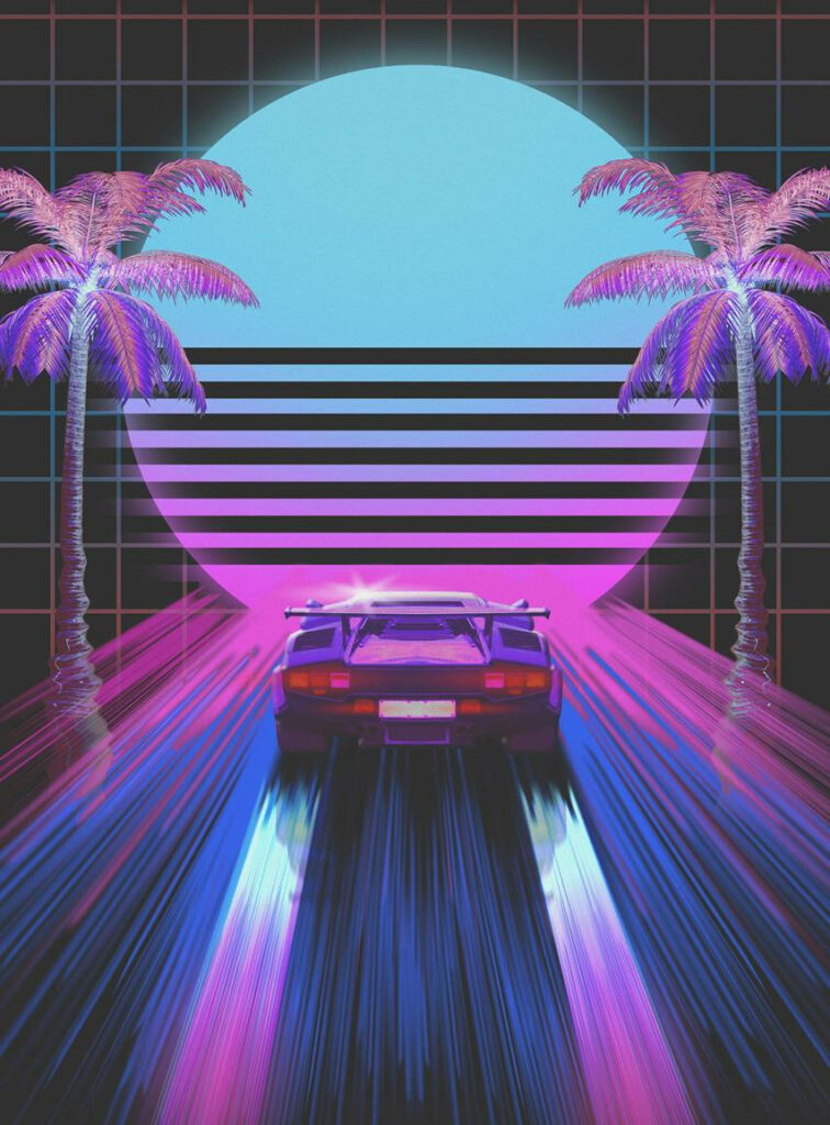 Revive the Retro Vibes with this Striking Dark Neon iPhone Background featuring a Classic Sun, Palm Trees, and an Aesthetic Neon Car. Wallpaper