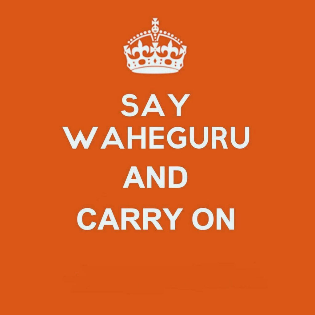 Contemporary Waheguru Blessings: Vibrant Orange Poster with Majestic Crown Symbol and Inspirational 'Carry On' Motto Wallpaper