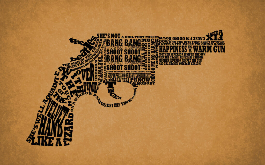 Revolver silhouette made from English text lyrics on textured brown grunge wallpaper background