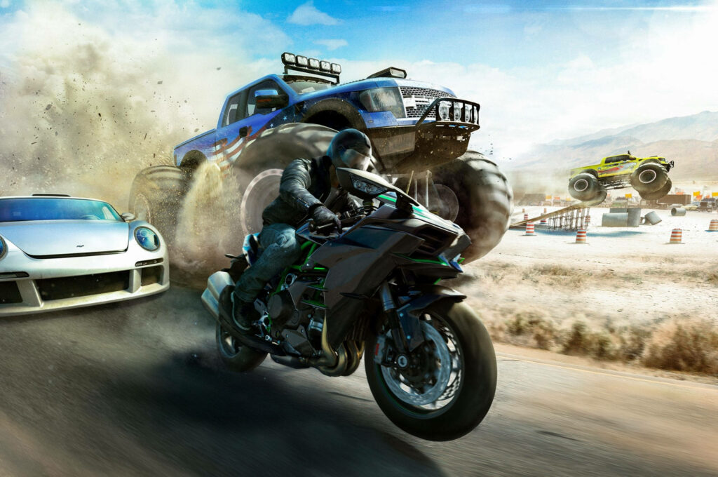 Adrenaline Rush: Intense Race between a Bike, Car, and Monster Truck - Vibrant 4K Motorbike Background Image Wallpaper