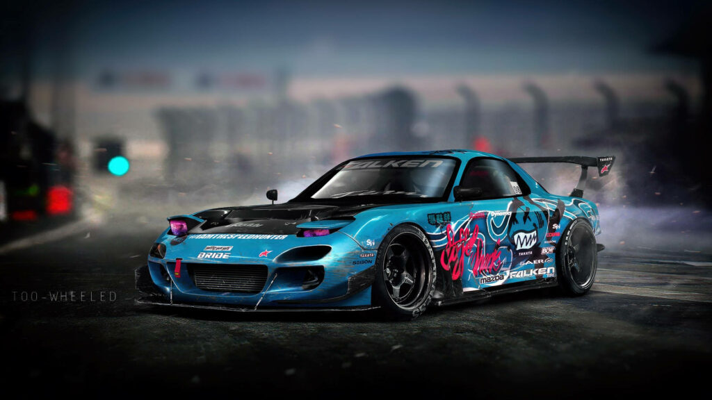 Revved Up with Vibrant Street Style: Customized Mazda Rx-7 Embraced by Blue Car Wrap and Graffiti Decals, Unleashing the Raw Energy of Scratched Bumpers with Subtle Sparks Trail Wallpaper