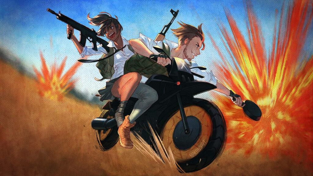 Biker Warriors in Pubg: High-Resolution Artboard Showcasing Adventurous Male and Female Protagonists Riding Motorcycles with Weapons Drawn Wallpaper