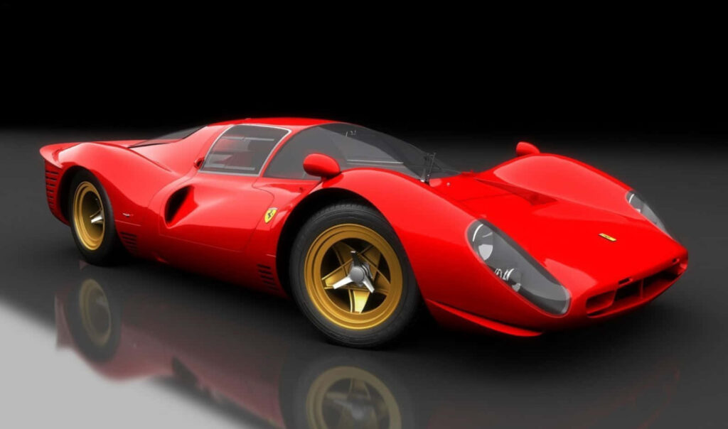 Racecar Elegance: Captivating Wallpaper of the Iconic Ferrari 330 P4 in Dazzling Red and Gilded Rims