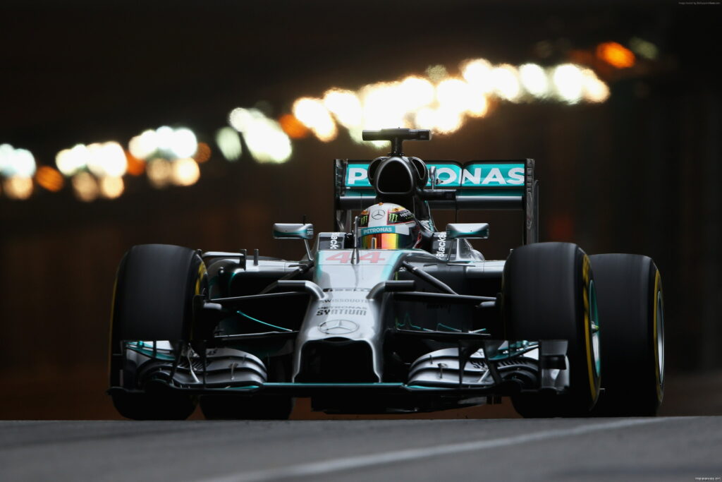 Lewis Hamilton Mercedes Formula 1 car number 44 in dark tunnel with bokeh lights wallpaper
