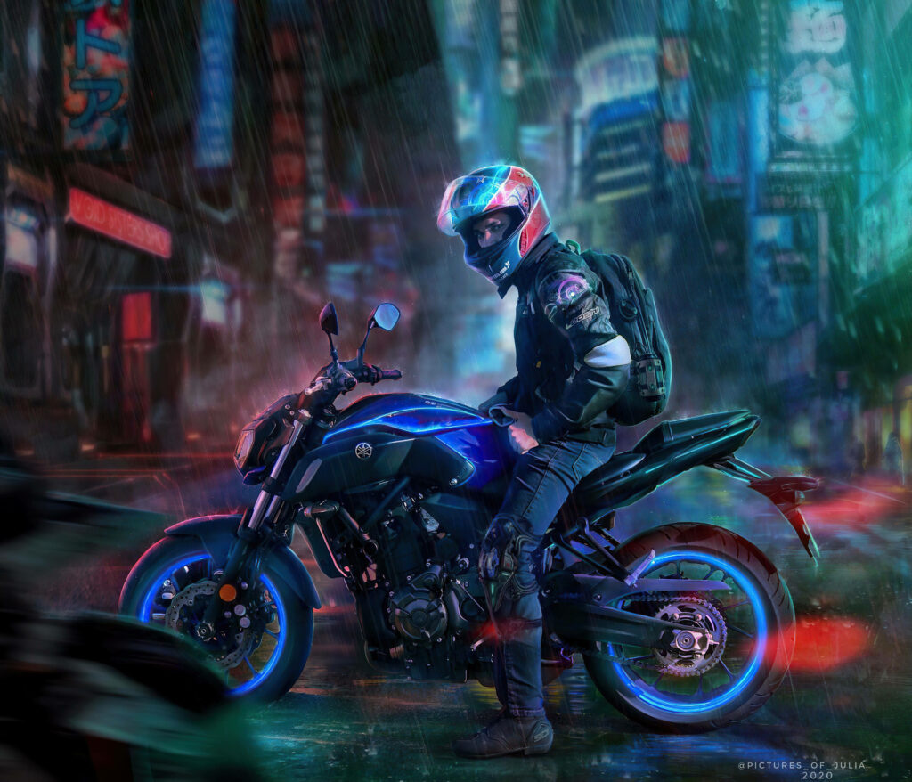Biker's Dream: A Striking Artwork Capturing the Passion of Motorcycle Enthusiasts amidst an Illuminated Gas Tank and Rims Wallpaper