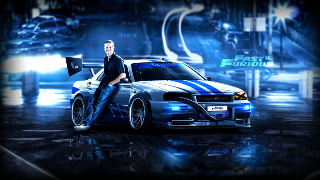 Fast and Furious Tribute: Legendary Paul Walker with his Iconic Nissan Skyline GT-R Wallpaper