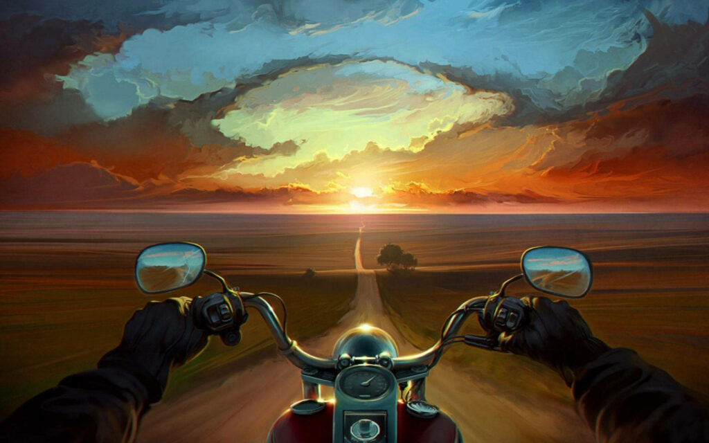 Riding the Sunset: A Majestic Motorcycle Journey through Nature's Art Wallpaper