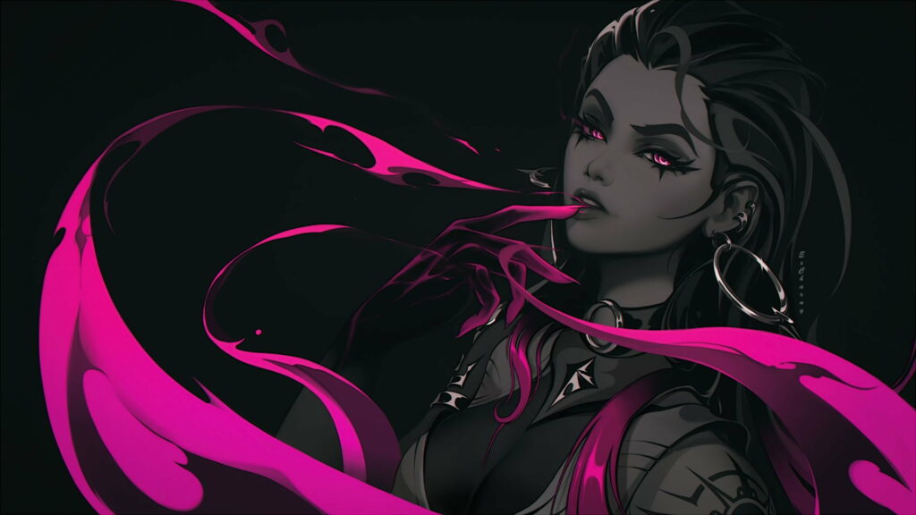 Valorant Reyna digital art wallpaper with glowing pink eyes and dark moody soul energy background