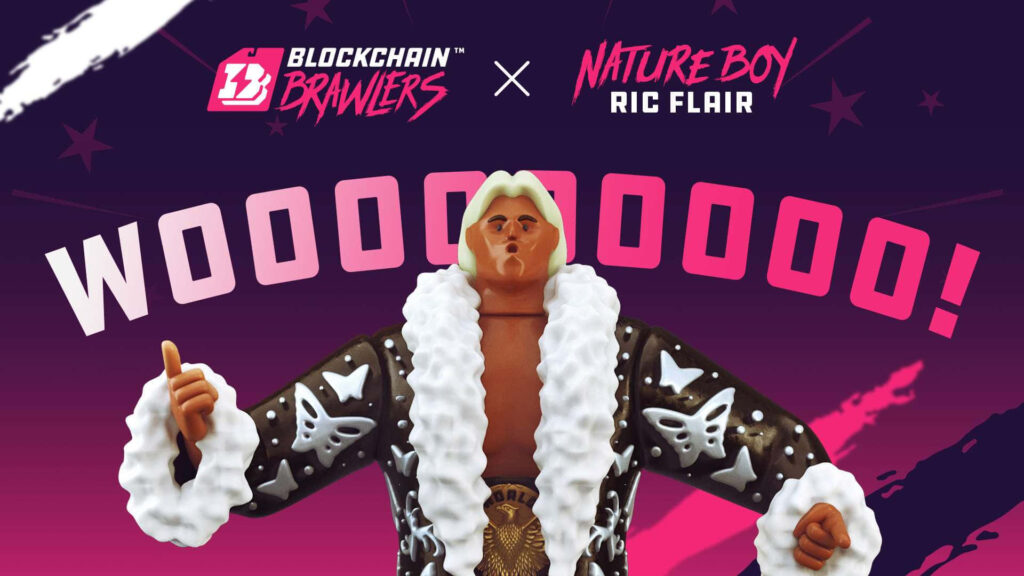 Ric Flair in iconic robe confident pose Blockchain Brawlers NFT game vibrant colorful wallpaper