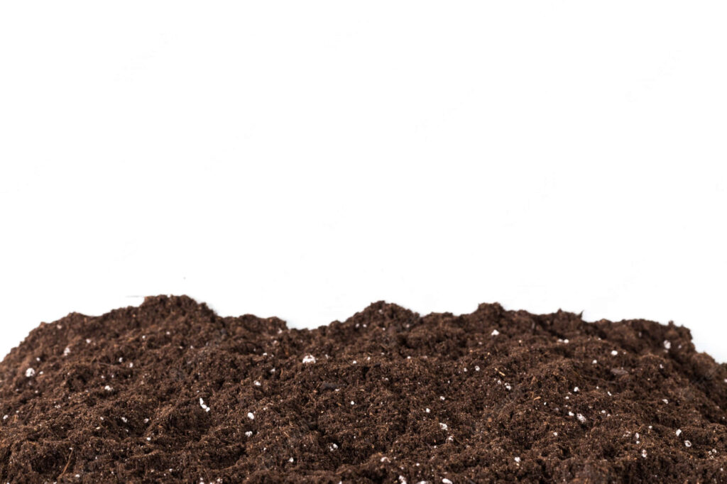 Close-up of rich brown soil texture on white background natural organic earth wallpaper