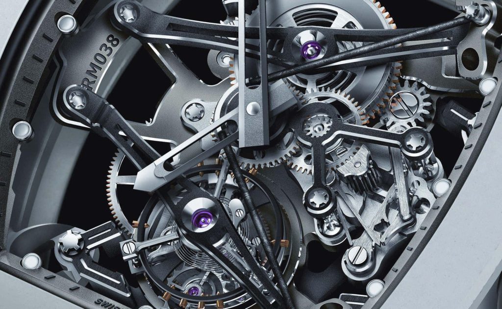 Macro shot of Richard Mille RM 038 tourbillon showing skeletonized gears and purple jewel bearings Wallpaper