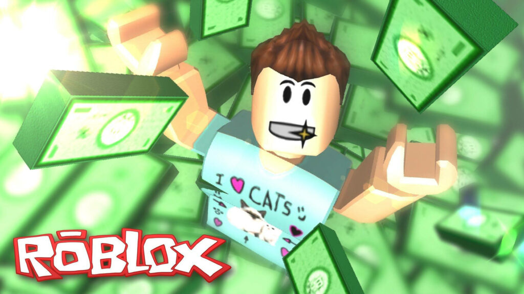 Money showers and smiles: A wealthy Roblox avatar showcased in stunning HD wallpaper