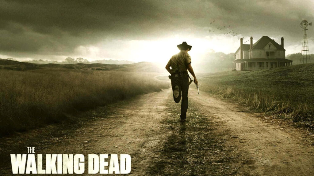 Rick Grimes on Horseback: Tense Zombie Apocalypse Wallpaper