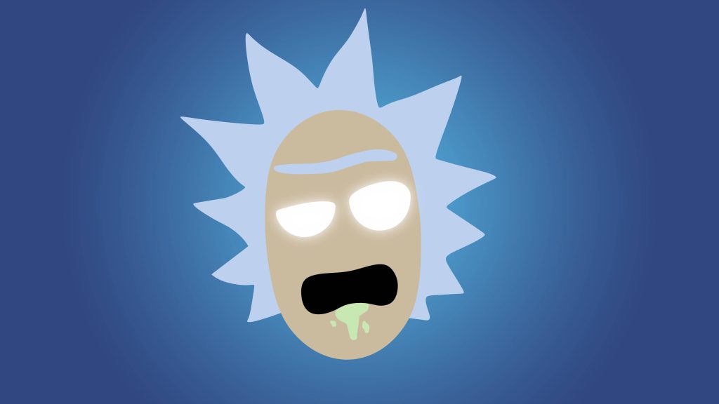 Rick Sanchez 4K minimalist wallpaper vector art with spiky hair glowing eyes green drool blue background