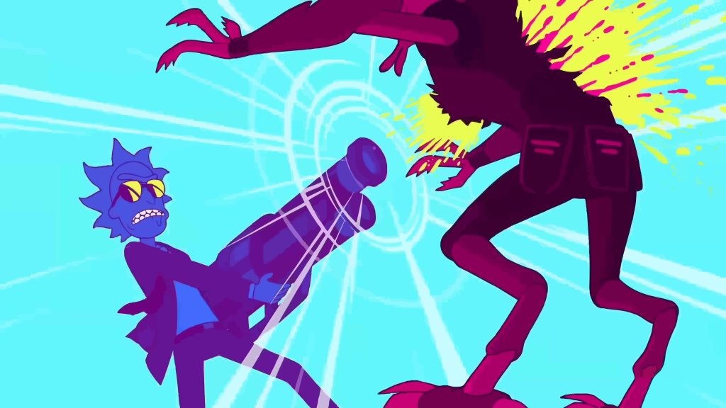 Rick Sanchez firing giant blaster at monster vibrant purple yellow cyan Rick and Morty 4K wallpaper