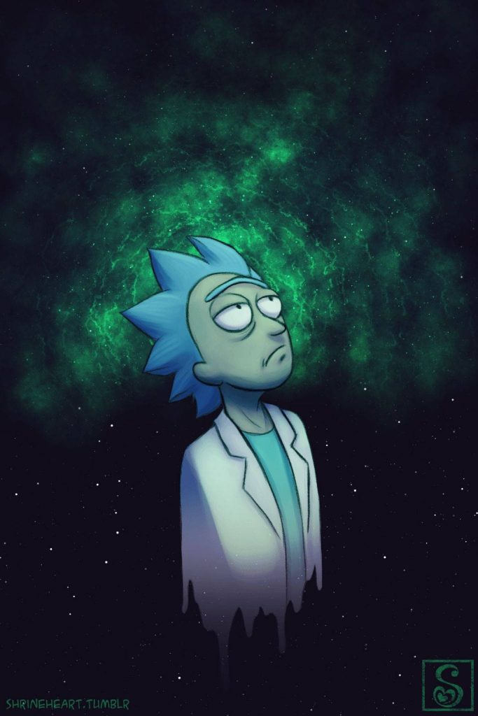 Rick Sanchez from Rick and Morty looking up in glowing green nebula space wallpaper background