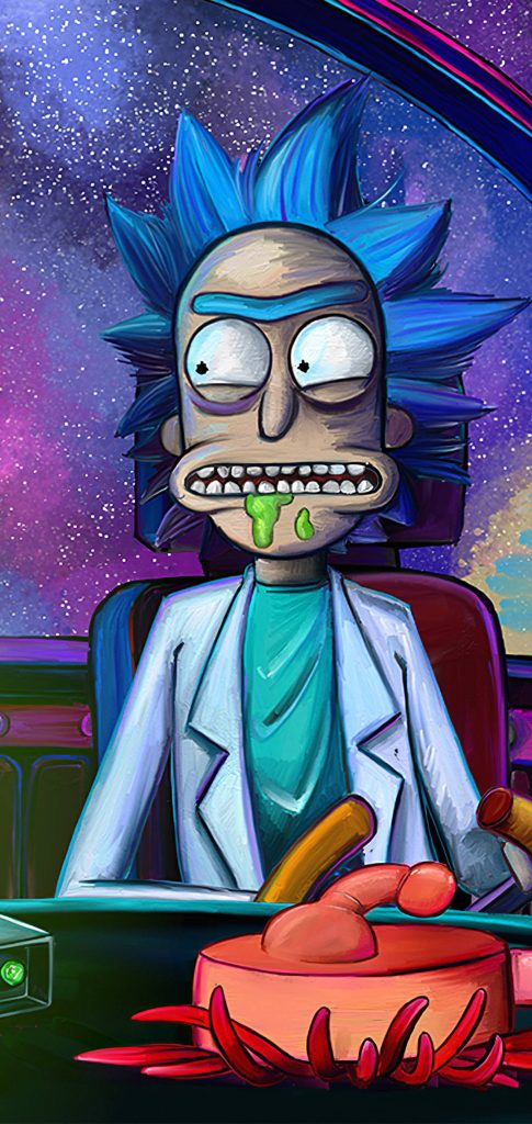 Rick Sanchez digital art wallpaper vibrant starry nebula wild eyes green drool spaceship background