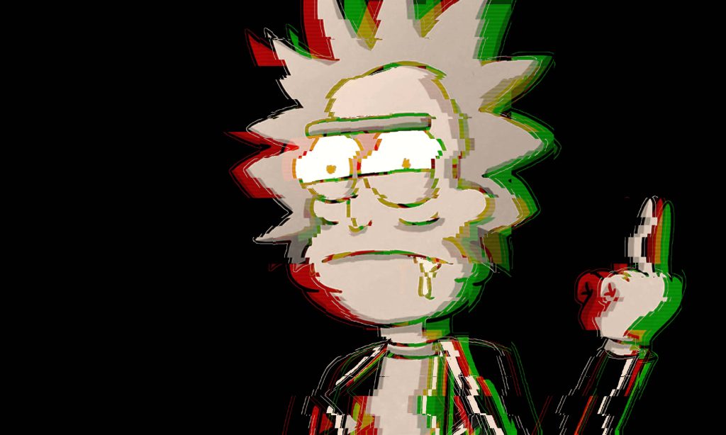 Rick Sanchez glitchcore wallpaper with RGB distortion flipping the bird dark edgy digital art