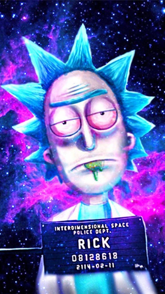 Rick Sanchez mugshot iPhone wallpaper neon cosmic nebula space police art fans chaotic design