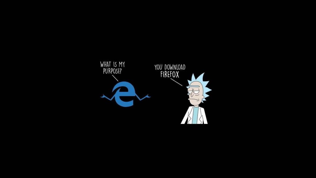 Minimalist wallpaper with Rick Sanchez and Internet Explorer meme tech art black background
