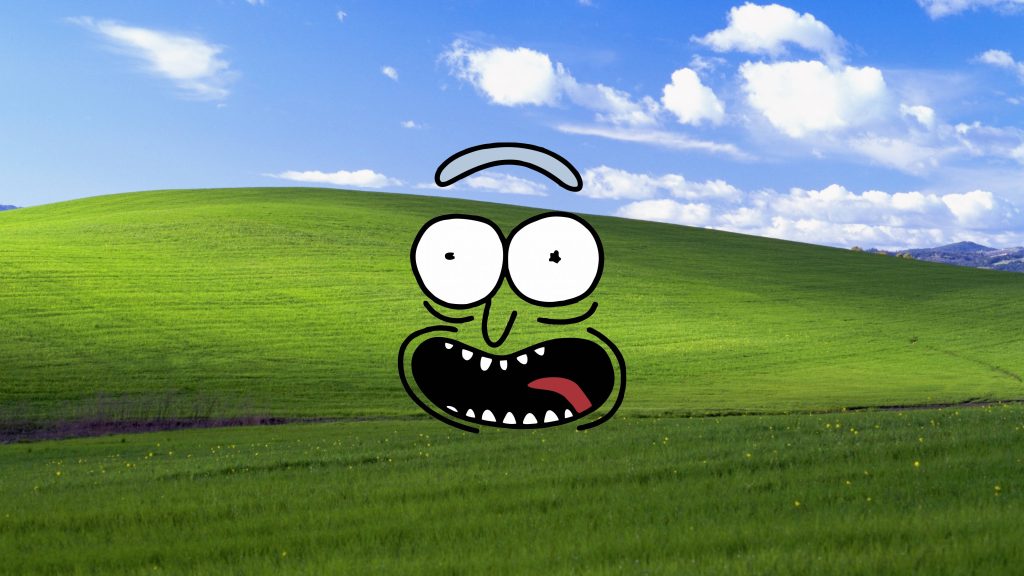 Surreal Windows XP Bliss landscape with shocked Rick Sanchez face high resolution wallpaper