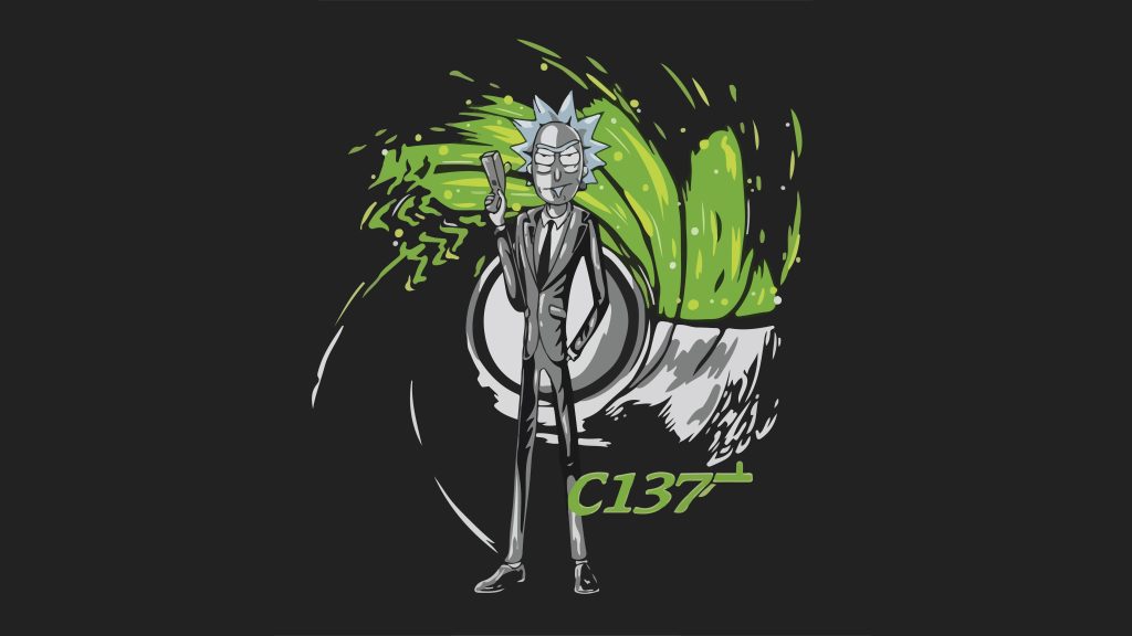Rick Sanchez in sharp suit wielding portal gun against green swirling dimensional wallpaper C137