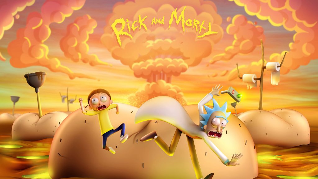 Rick and Morty 3D poster with surreal plungers sunset escape chaotic digital art wallpaper