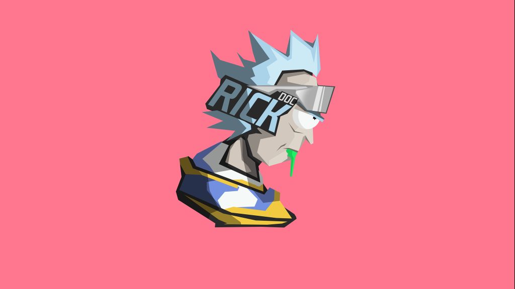 Rick and Morty 4K vector wallpaper featuring geometric Rick Sanchez with visor and green drool on pink