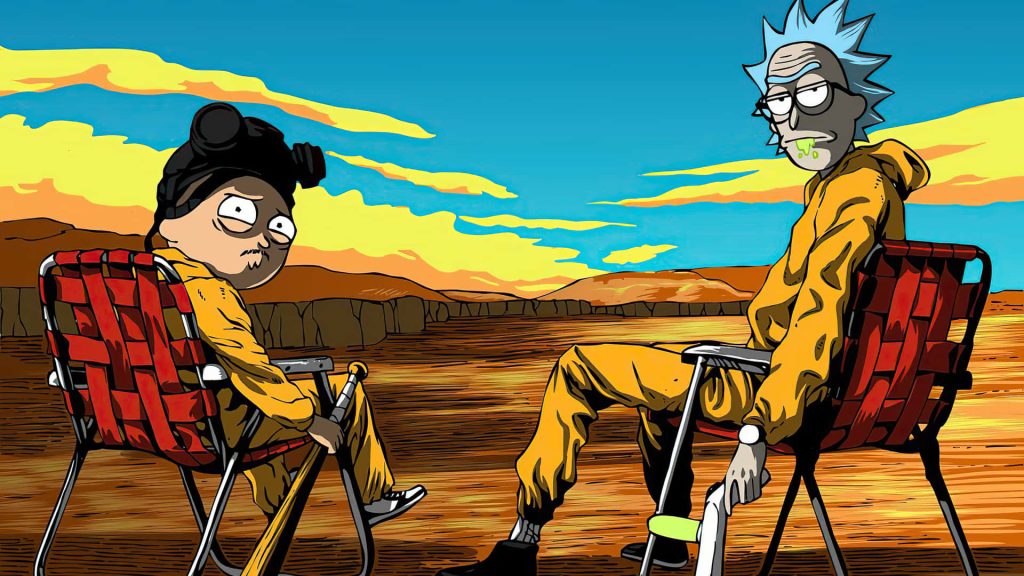 Rick and Morty Breaking Bad crossover wallpaper Rick and Morty in yellow hazmat suits desert