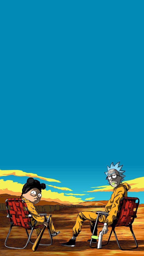 Rick and Morty in yellow hazmat suits sitting on red chairs desert Breaking Bad crossover wallpaper