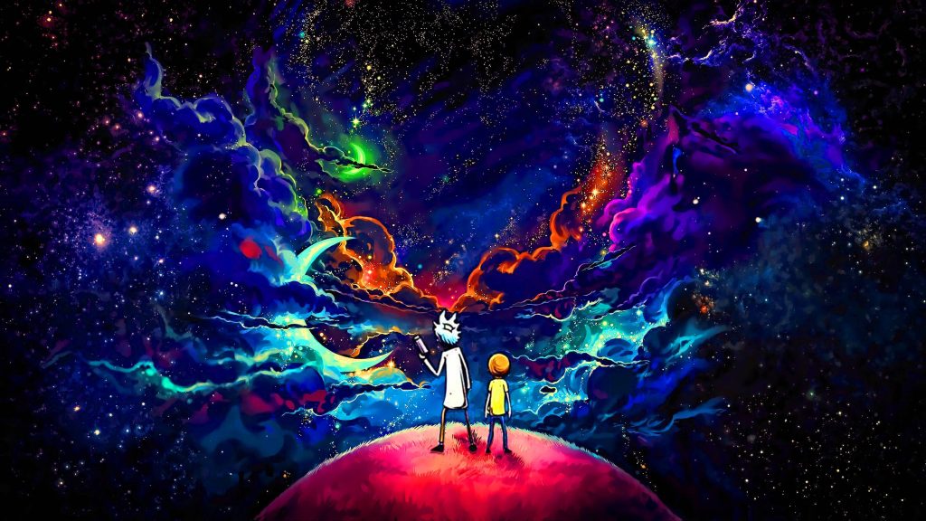 Rick and Morty digital art wallpaper glowing hill neon nebula galaxy crescent moon stars