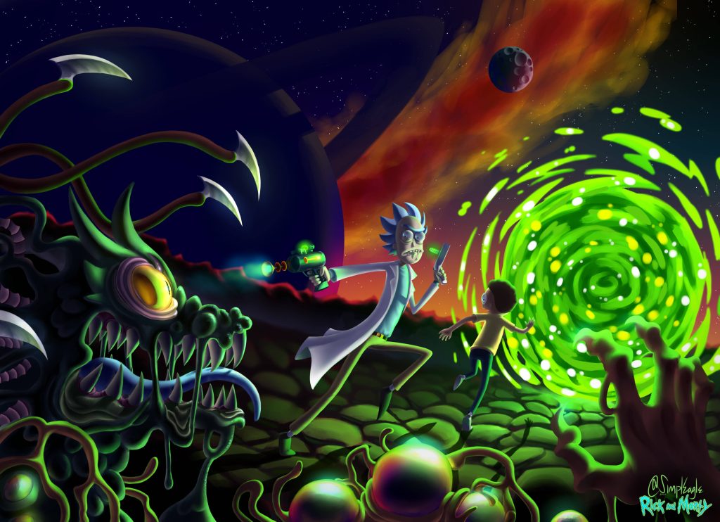 Rick and Morty escape tentacled alien toward green portal cosmic lighting ringed planet wallpaper