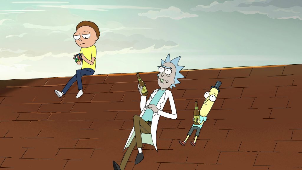 Rick Morty and Mr Poopybutthole rooftop relaxing with Rubik’s cube under cloudy sky wallpaper
